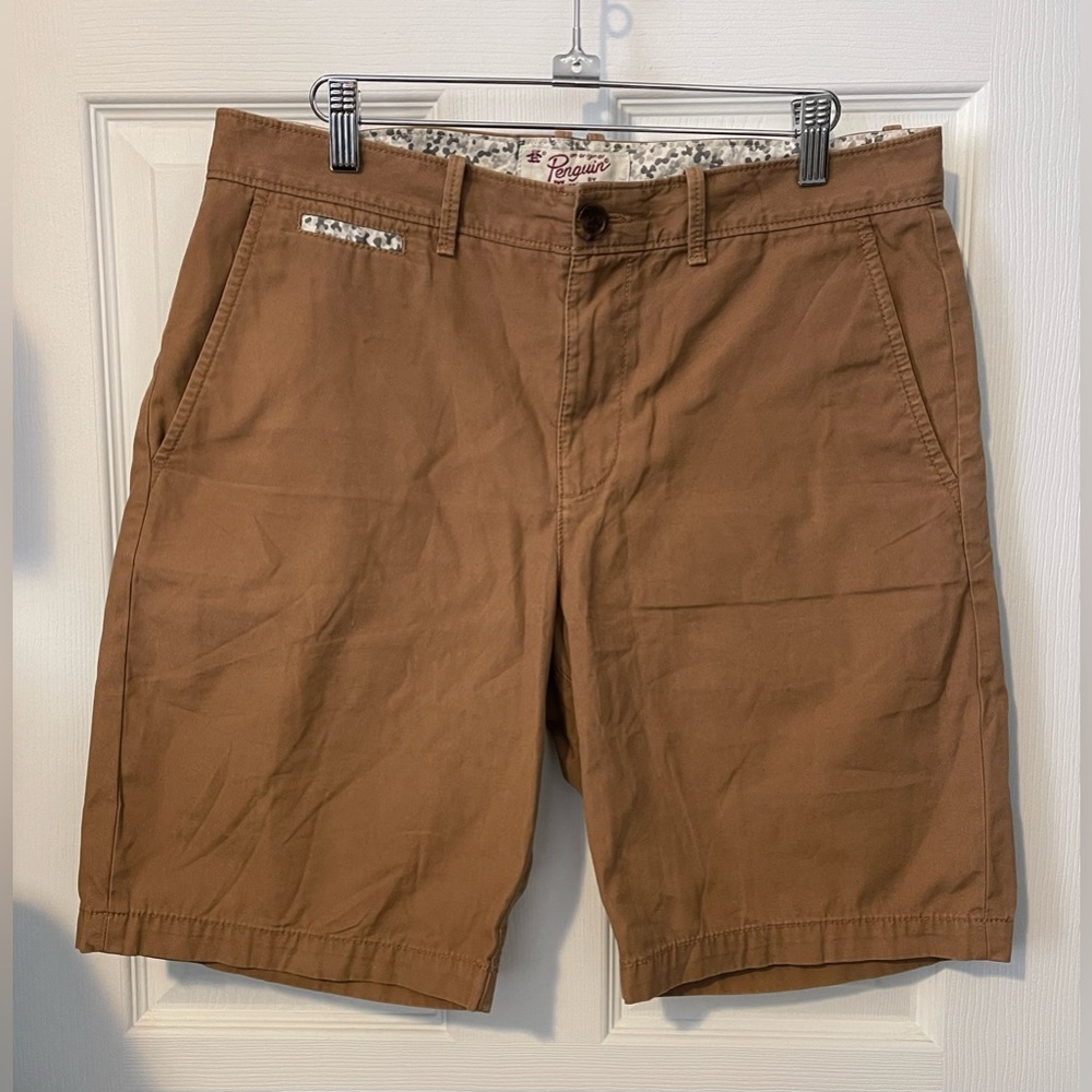 💃 ORIGINAL PENGUIN Brown Chino Flat Front 9” Cotton Shorts Size 32
